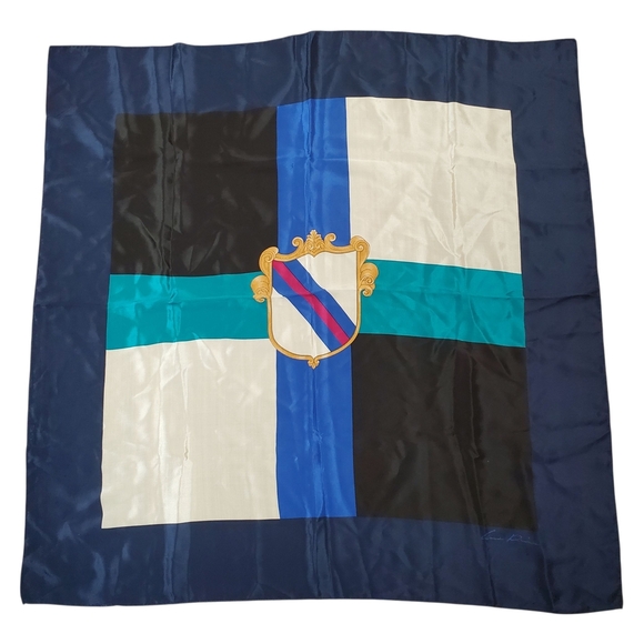 Vintage Anne Klein Blue and Gold Geometric Crest Scarf. 100% Silk. 34" x 34" - Picture 5 of 7